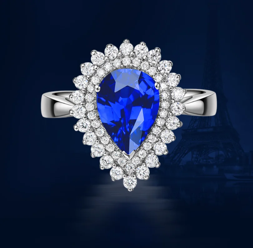 

Brand new original 1 carat 925 sterling silver tanzanite diamant ring sapphire water drop shape ring US size from 4.5 to 9 (LA)
