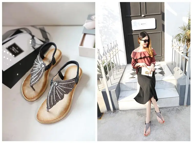 Женские туфли на плоской подошве; коллекция года; модные уличные сандалии с кристаллами и бабочками; удобная женская обувь с эластичным ремешком и открытым носком; женская обувь размера плюс