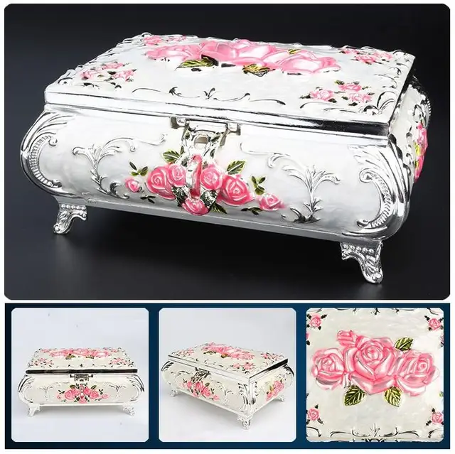 Fashion S/M/L Size Gold Vintage Case Flower Carved Decor Metal Jewelry Box  Enameled Necklace Pendant Ring Storage Organizer Z145