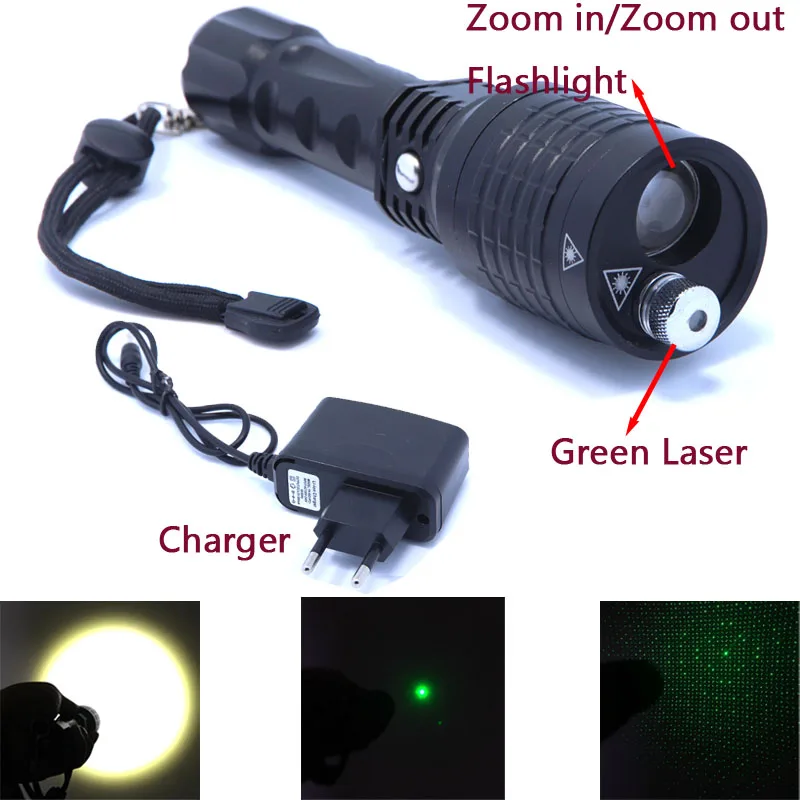

2 in 1 Flashlight and green laser zoomble adjustable high power led flashlight laser Pointer & Charger