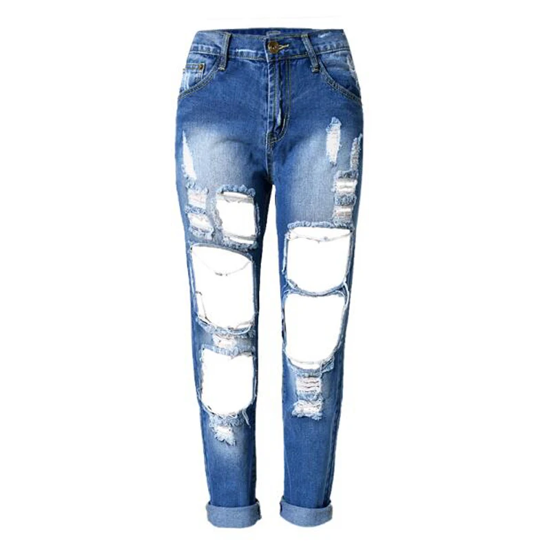 2017 New Vintage Mid Waist Jeans Womens Bleach Ripped Skinny Jeans Ladies Cotton Big Hole Cool