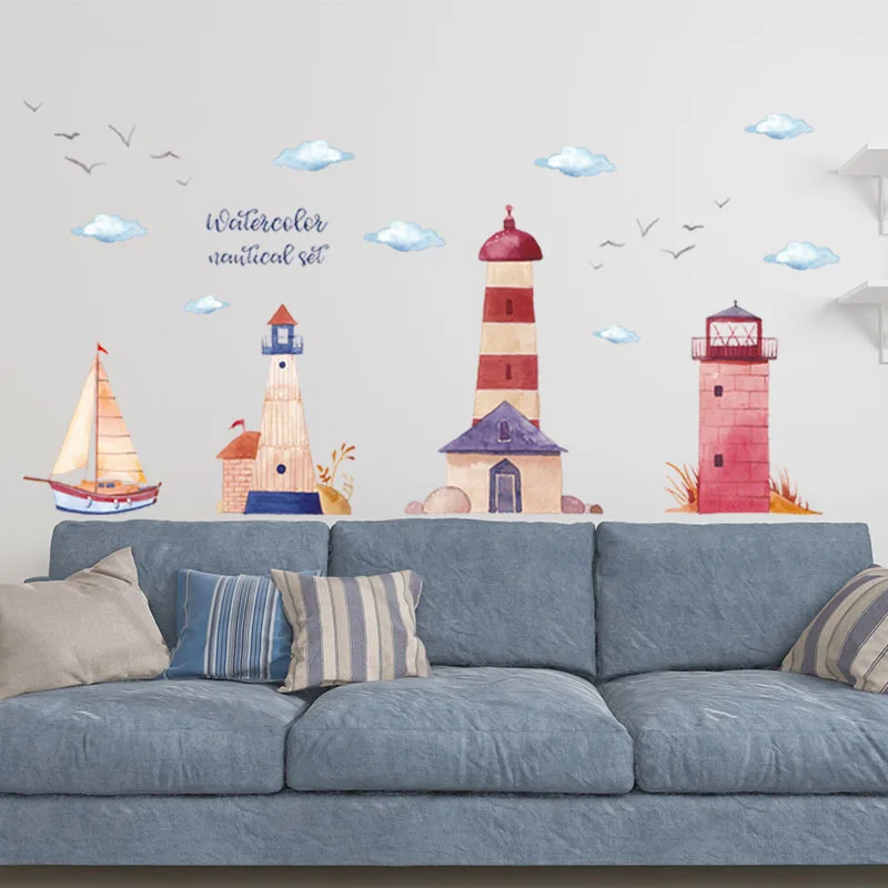 

Creative watercolor lighthouse wall stickers sailing clouds children's room baby bedroom decoration PVC self-adhesive stickers