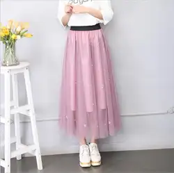 2018 лето с эластичной талией в Корейском стиле длинная сетчатая юбка в складку мода сладкий ноутбук юбка big swing женский онлайн юбка