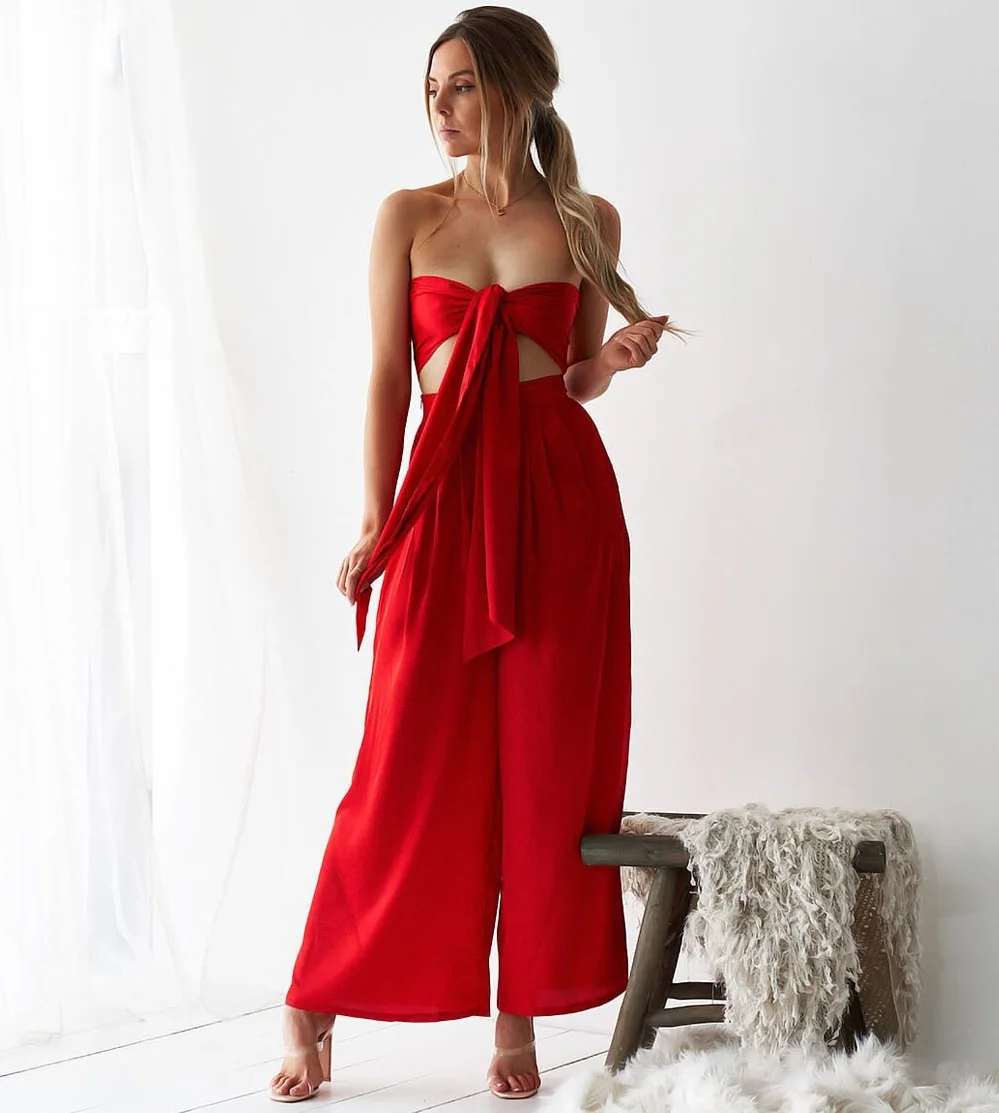 

2019 New Arrivals Red Off Shoulder Strapless Crop Tops + High Waist Wid Leg Pants Two Piece Sets 2 Piece Sets Womens Outfits