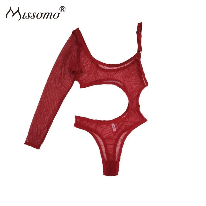 

Missomo Europe And America Sexy Geometric Hollow Perspective Asymmetry Thin Section Siamese Appeal Red Mesh Underwea