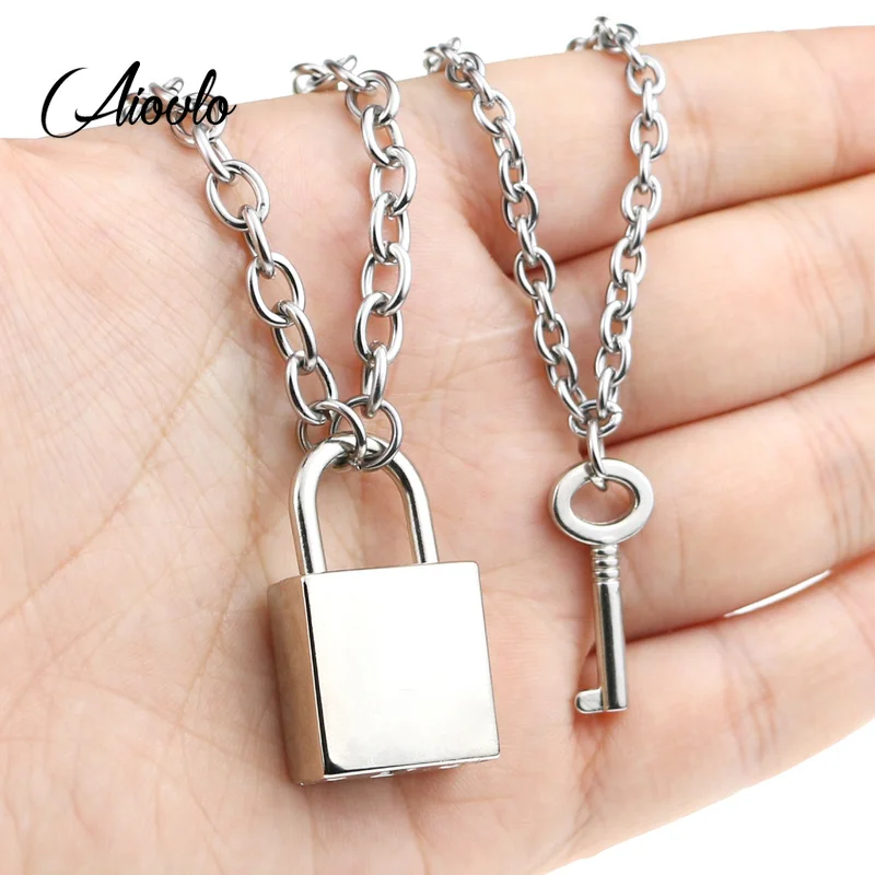 

2pcs/lot Openable lock Punk stainless steel Chain Rock Pendant Necklace for Men Women Unisex Rock Hiphop Jewelry Necklace