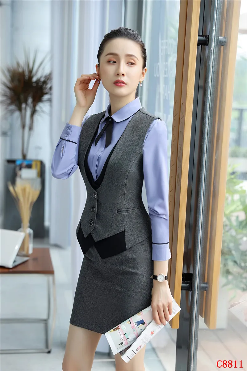 Формальный серый жилет женские деловые костюмы с юбка из двух частей и Топ Наборы Дамы рабочая одежда Жилеты OL стиль