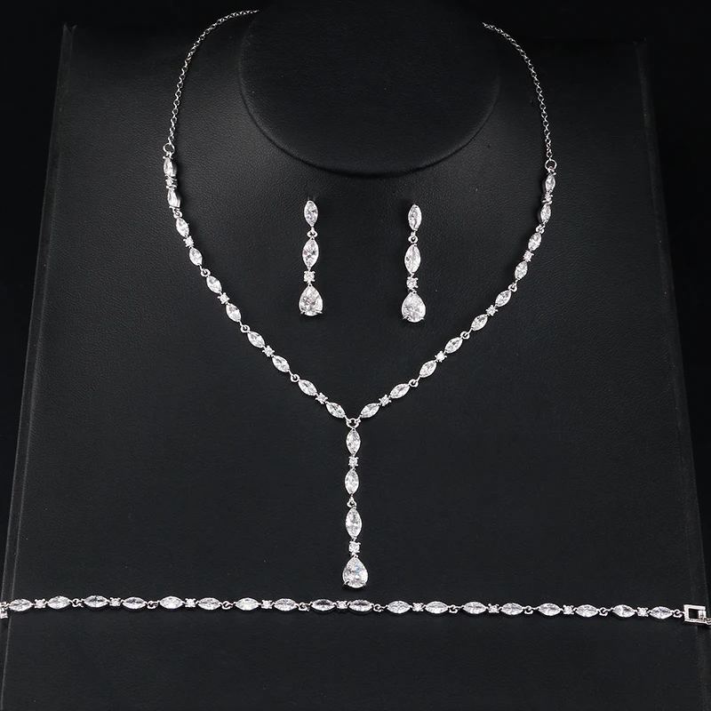 

UILZ Exquisite Bridal 3 pcs Wedding Jewelry Sets Teardrop Pendant Necklace Earrings Bracelet Costume Jewelry For Women US412