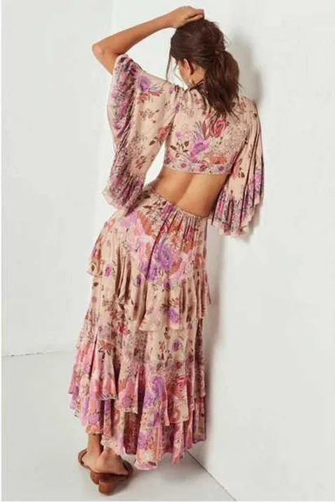 Высокое качество 2019 пляжное платье без спинки Сексуальная печати знаменитости Dow оборками для женщин розовый элегантный V средства ухода