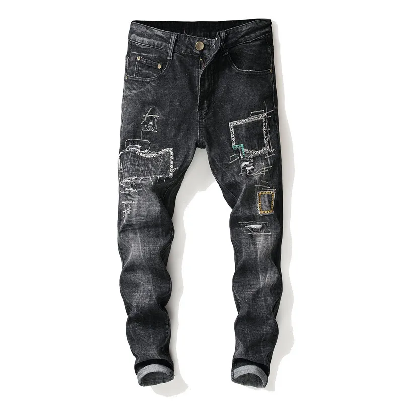 

Men's Black Hole Trend Embroidered Patch Straight Men's Jeans