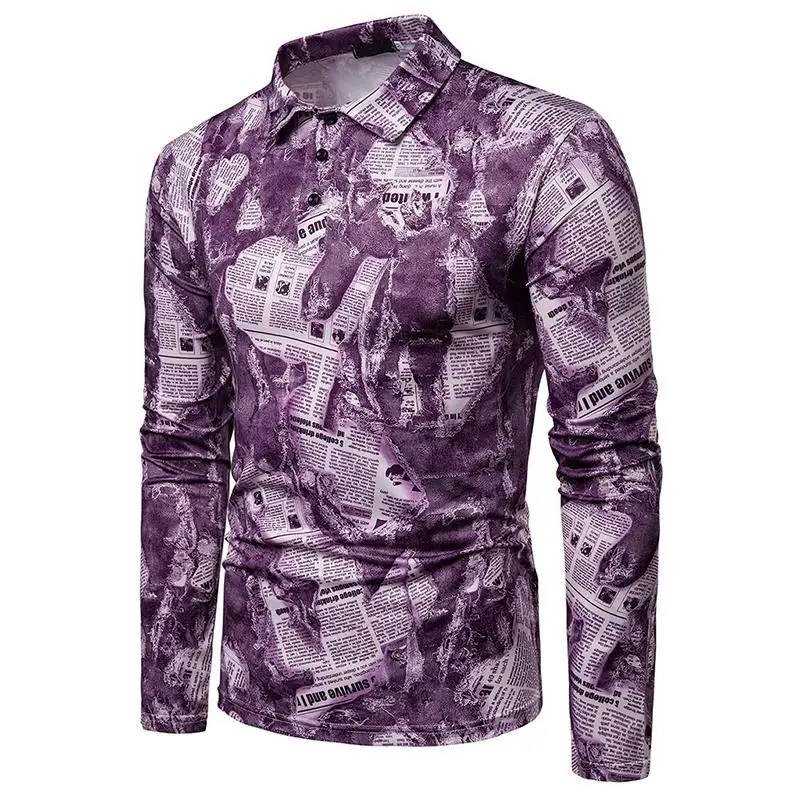 

Mens Polo Shirt Newspaper print Lapel Polo Shirt Men Long sleeves Men's Clothing Tops Tees Purple Blue Gray