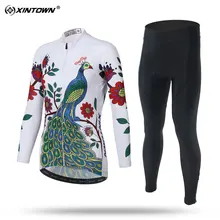 XINTOWN Sweat Long Sleeve Cycling Jersey Set MTB Bike Clothing Bicycle Jerseys Clothes Print Peacock Maillot Ropa Ciclismo