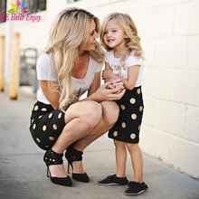 HE Hello Enjoy matching mother daughter clothes kids 2017 Letter short sleeves T-shirt+dot skirts family look clothing Outfits
