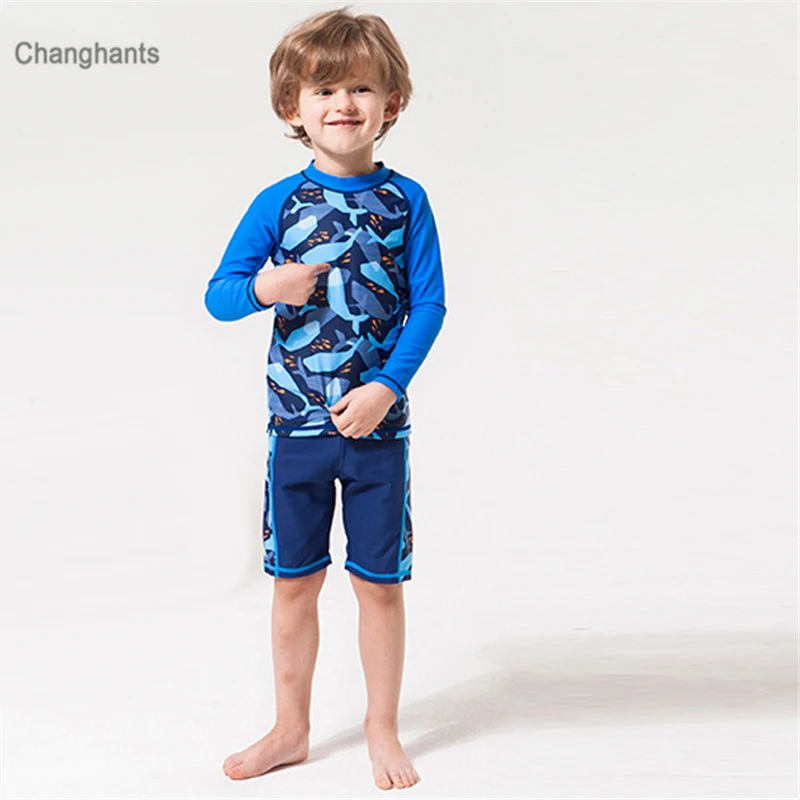 

2-10 years Kid Boys Long Sleeve T-shirt & Shorts Two Pieces Swimwear Blue Fish Pattern Swimwear Children Summer Wear Body Suit