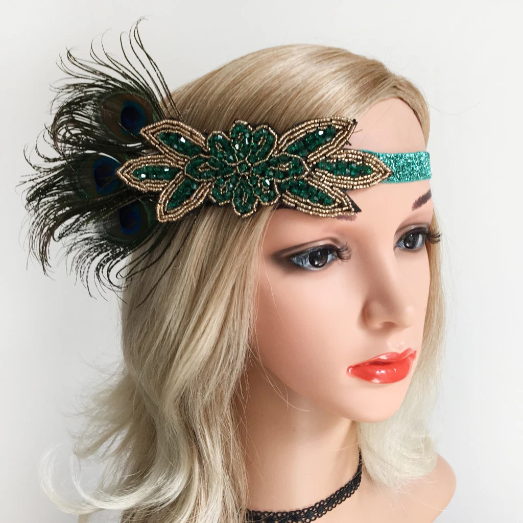Online Frauen Vintage Pfau Feder Grün Perlen Flapper Stirnband Roaring 20s Kopfstück 1920s Phantasie Kleid Fascinator Headwear