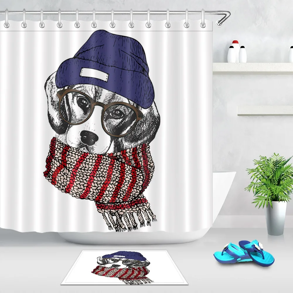 

LB Funny Literary Dog Wearing a Hat Scarf And Glasses White Shower Curtain And Mat Set Bathroom Fabric For kid Bathtub Art Decor
