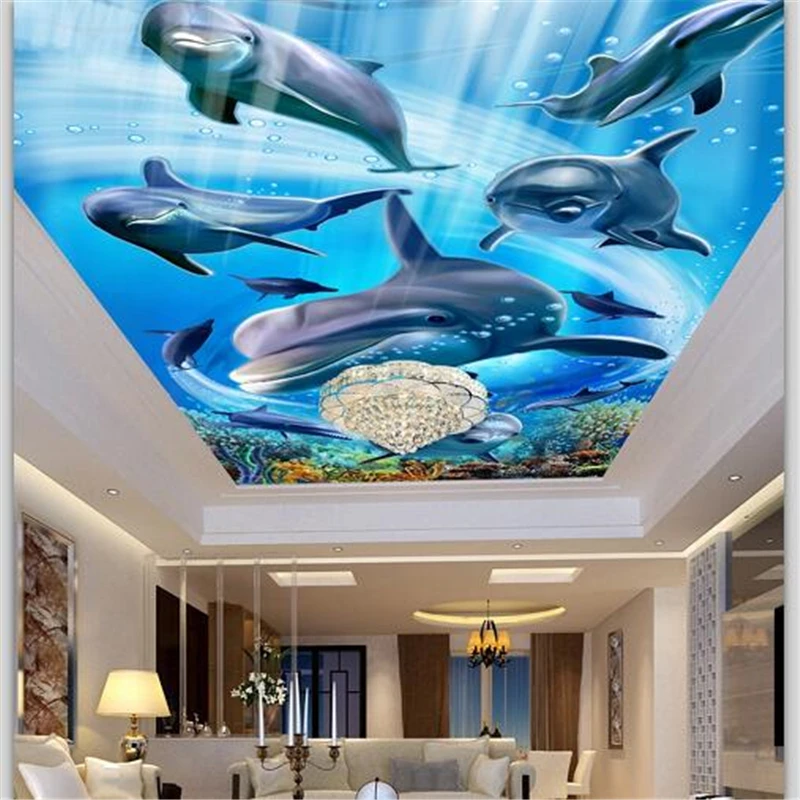 

beibehang Custom Wallpaper 3d Photo Murals Sea Dolphins Family Ceiling Roof Living Room Mural papel de parede 3d Floor wallpaper