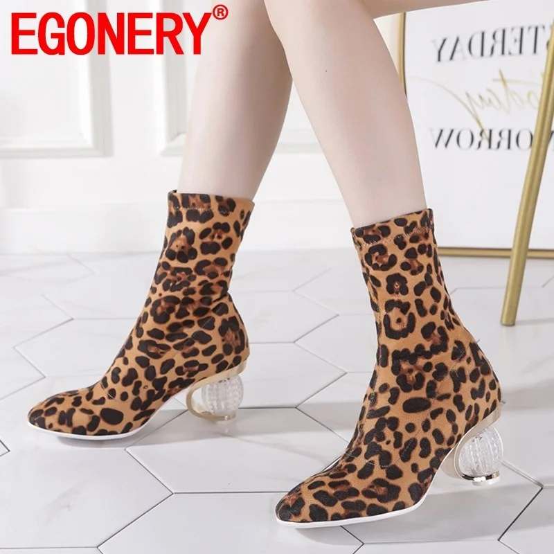 

EGONERY woman shoes autumn winter new fashion leopard square toe high heels flock mid calf boots outside plus size ladies shoes