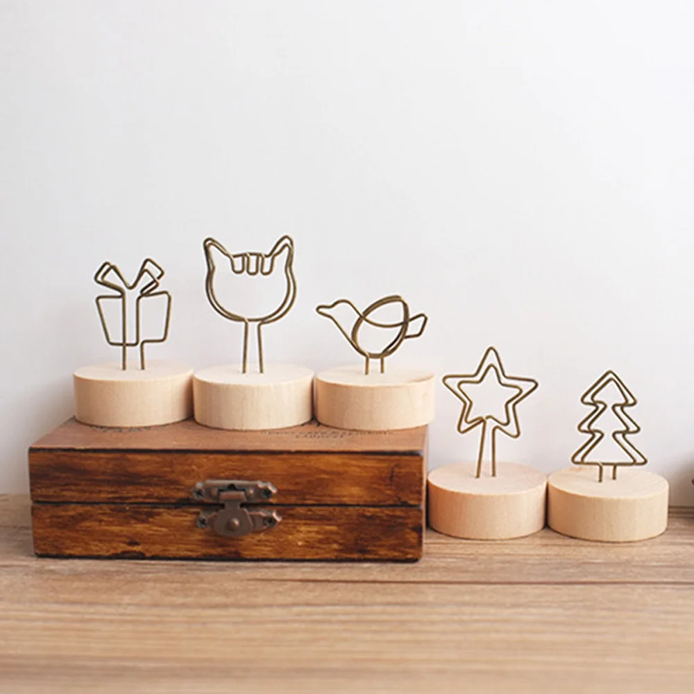 

2PCS Wood Memo Clips Metal Star Cat Christmas Tree Bird Photo Clamps Stand Card Note Holder Message Crafts Office Desk Organizer