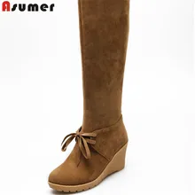 Asumer; Лидер продаж года; Новое поступление; женские сапоги; модные однотонные сапоги до колена из флока; сапоги на танкетке с бантом; большие размеры 34-43