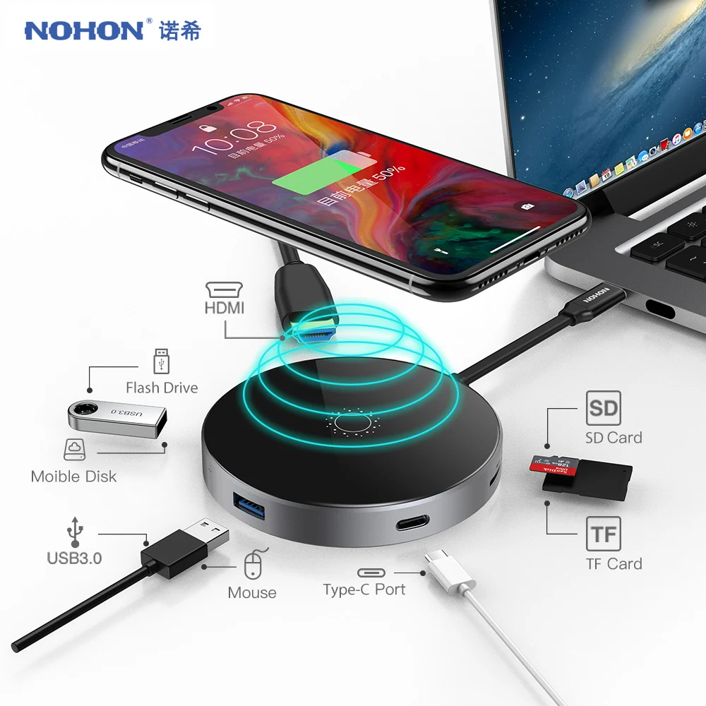 

NOHON USB C HUB Wireless PD Charger Type C To HDMI USB 3.0 Adapter Data For MacBook Samsung S8 S9 Huawei P20 Pro USB-C Converter
