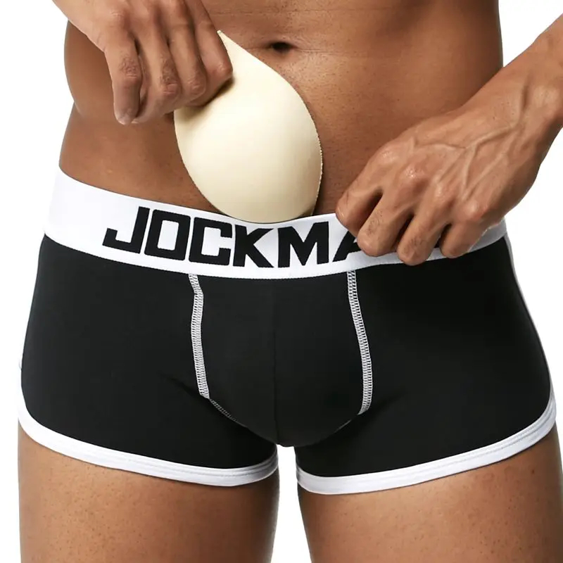 JOCKMAIL мягкое Мужское нижнее белье Боксеры Трусы с сексуальным геем Пенис мешочек усиление выпуклости спереди+ сзади двойной Съемный бюстгальтер пуш-ап