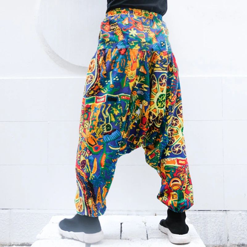 INCERUN мужские шаровары женские хип-хоп мешковатые брюки хлопок солнце цветочный крест-брюки широкие ноги 5XL свободный промежность танцевальные брюки