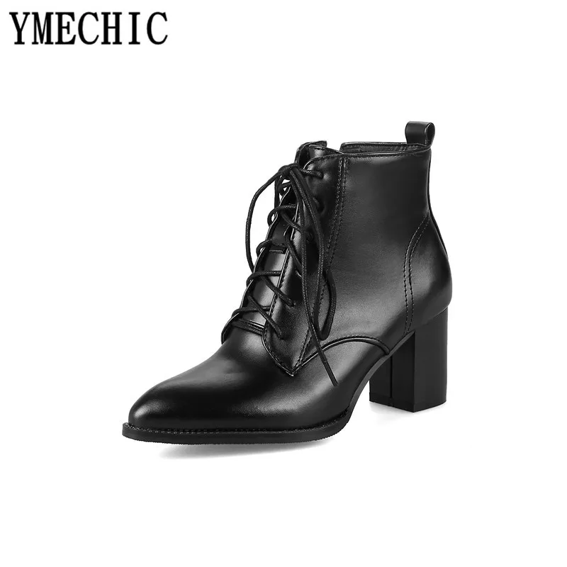 Женские ботильоны на шнуровке YMECHIC осенне зимние мотоциклетные ботинки с острым