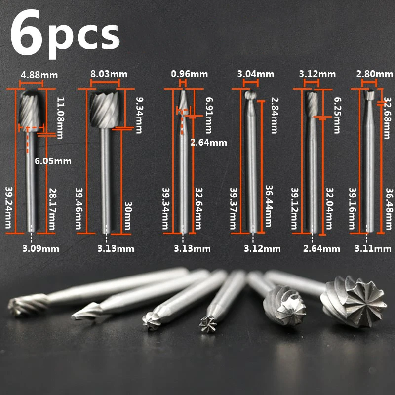 

High quality 6 Pcs Carbide Burrs Set Rotary Burr File Woodworking Drilling Engraving Tool