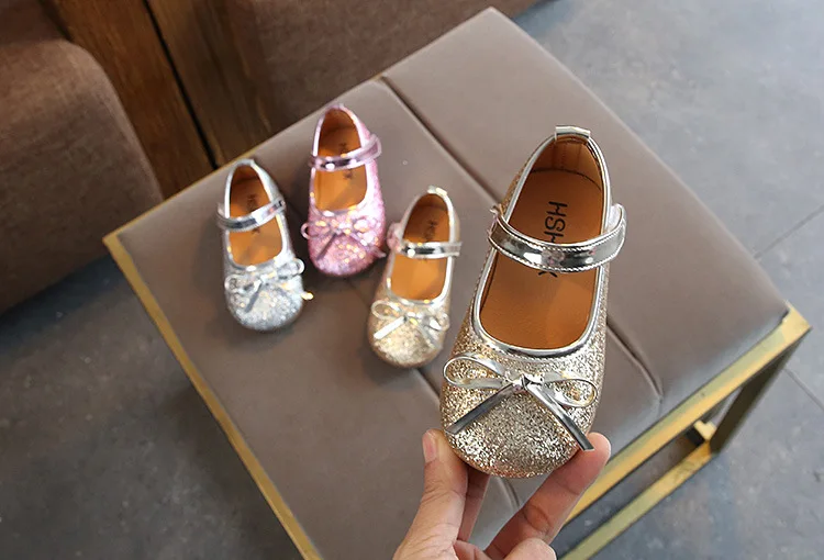 2019 новая кожаная обувь для девочек, обувь принцессы с блестками для девочек, Весенняя и осенняя модная блестящая нескользящая обувь с