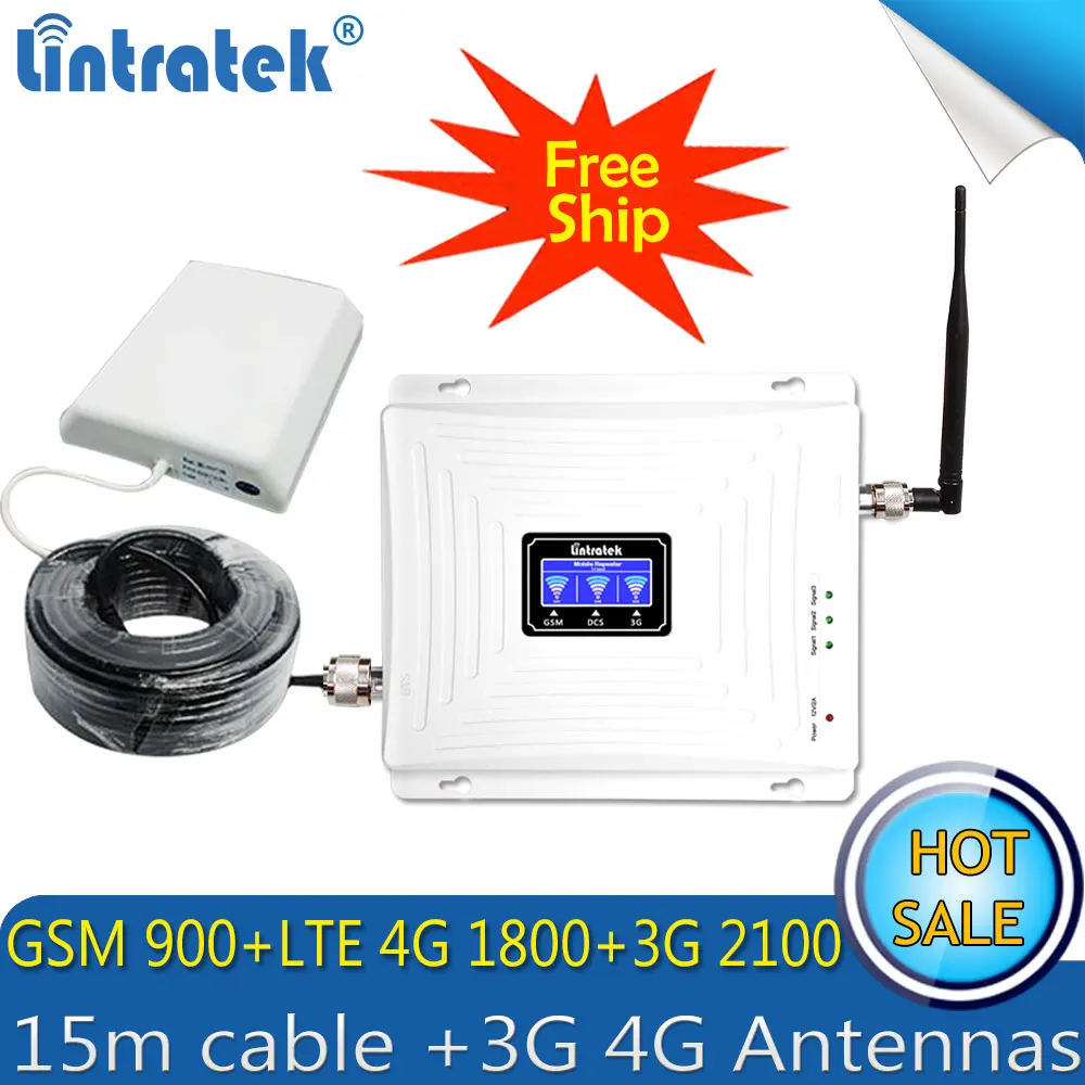 Lintratek GSM 900 1800 WCDMA 2100 трехдиапазонный усилитель 2G 3G 4G LTE 70dB ретранслятор мобильного