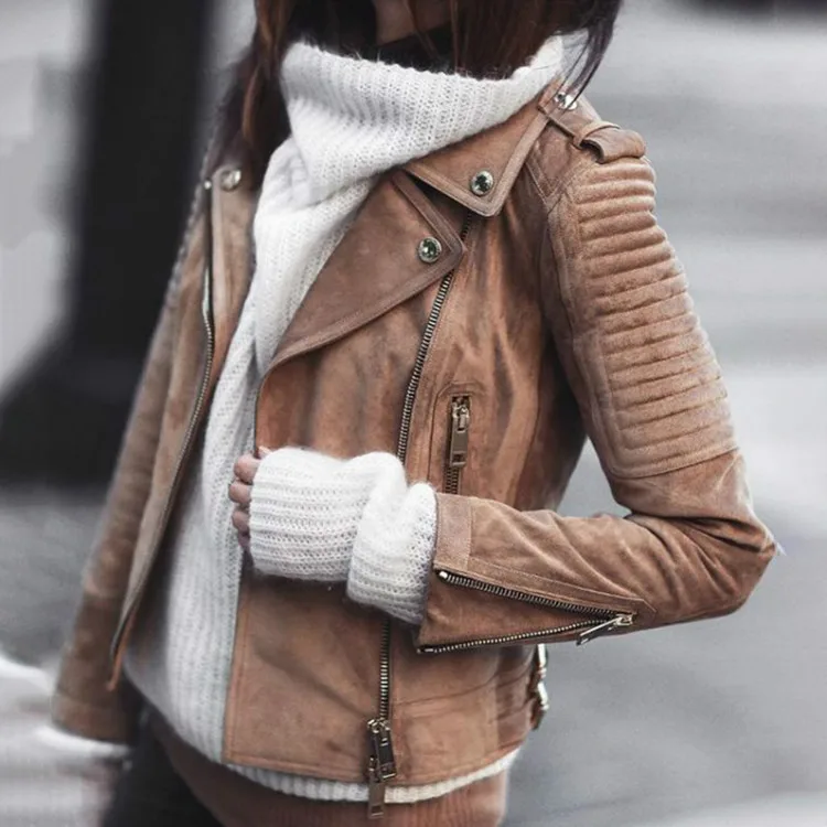 

Women's Spliced Jackets Solid Color Long Sleeve Zipper Collar Casual Pleated Jacket