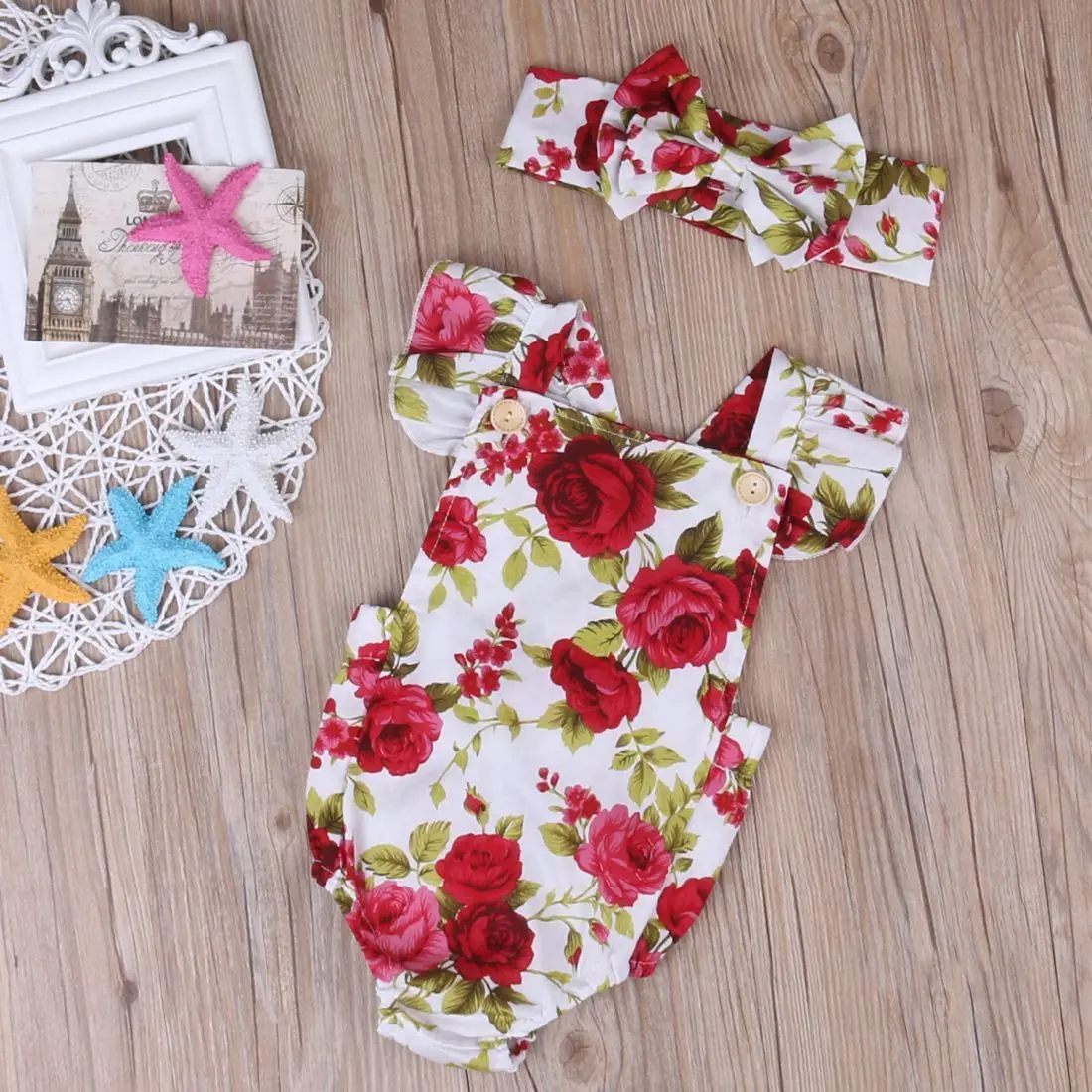 Yoyoxiu/Новинка; одежда с цветочным рисунком для маленьких девочек; Летний комбинезон с оборками и лямкой на шее+ повязка на голову; комплект одежды для малышей
