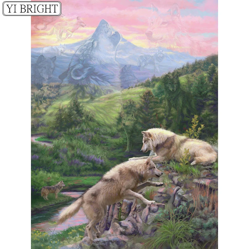 

5D DIY Full Square Diamond Painting Cross Stitch Playful two wolves 3D Diamond Embroidery Rhinestone Mosaic Home Decoration WHY