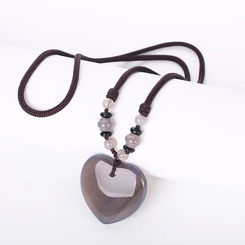 

Fine Jewelry Fashion Classic Punk Necklace Gray Agate Pendant Crystal Gem Female Long Chain Heart Jewelry For Women Ladies Gift