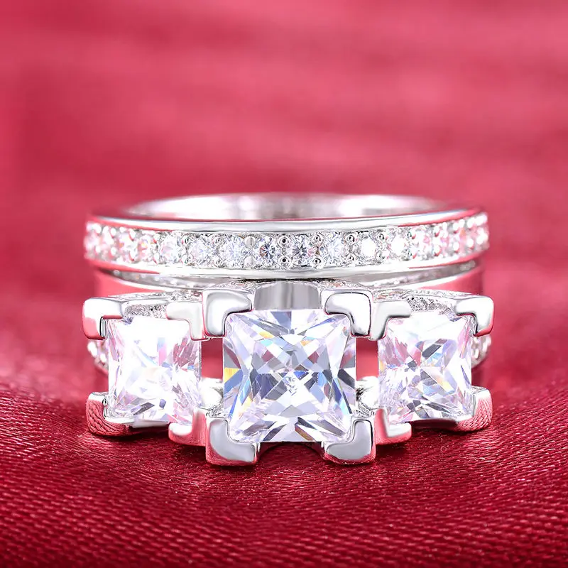 8ct 925 Silver Princess Cut Three Stone Simulated Diamond White Gold GF Women Engagement Bridal Ring Set Ring Free Shipping