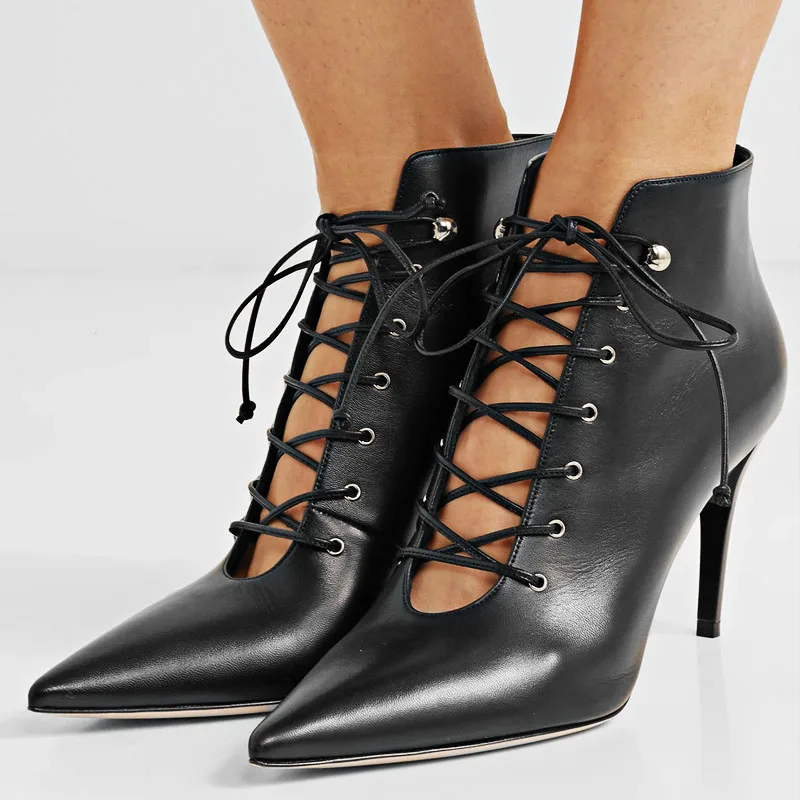 Lace-up Sexy Autumn Ankle Boots Women High Heels Short Black Pointed Toe Fashion Motorcycle Boots цена Lace-up Sexy Autumn Ankle Boots Women High Heels Short Black Pointed Toe Fashion Motorcycle Boots цены онлайн