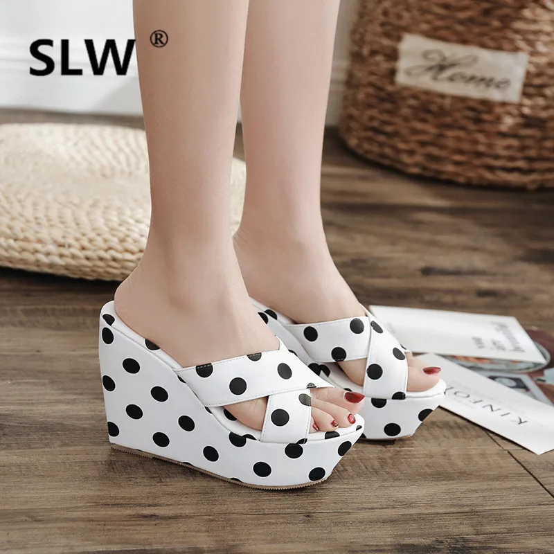 

white/black polka dot wedges cross band sandals summer new thick bottom platform slides female creepers flip flops 2019 hot