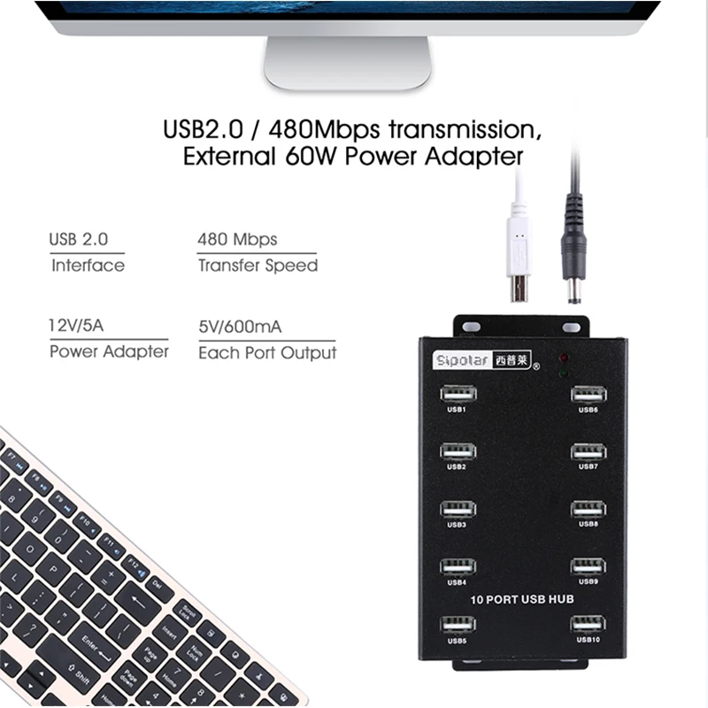 Industrial Wall And Desk Metal Hub Usb 2.0 Alimentado Alimentado Fonte de Alimentação para Litecoin Bitcoin Mineiros A300 10 Portas - Imagem 6