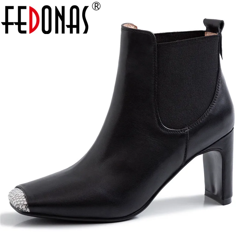 

FEDONAS Brand Square Toe Square Heels Women Ankle Boots Autumn Winter Comfortable Genuine Leather Chelsea Boots Party Shoes