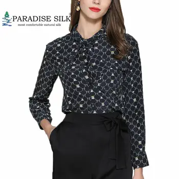 

Women Blouse Natural Silk Stretch Floral Print Long Sleeve Lady Blouse With Bow For Women Size L XL XXL XXXL