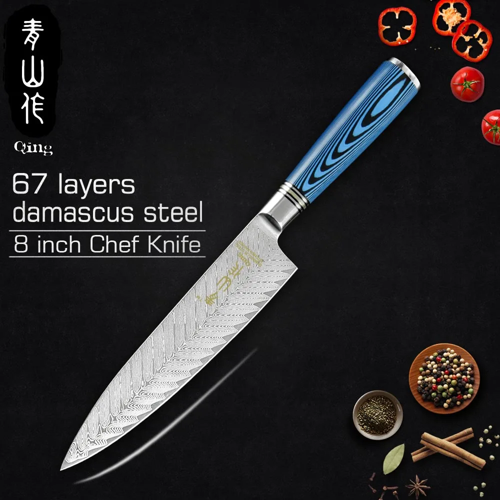 

Qing Chef Damascus Kitchen Knife Professional Japanese Chef Cleaver Fishbone Pattern Damascus Steel Knife Couteau De Cuisine
