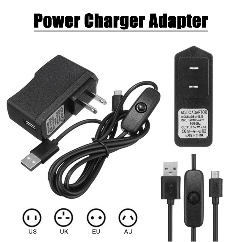 

5V 2.5A EU UK US AU Plug Placement Micro USB Power Charger Supply Adapter With Switch 1M Cable For Raspberry Pi 3
