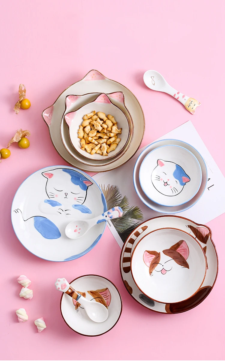 Cute Cat Ceramic Japanese Dinner Steak Food Dessert Plate Dish Dinnerware Porcelain Bowl Spoon Tableware Kid Breakfast Set Gift