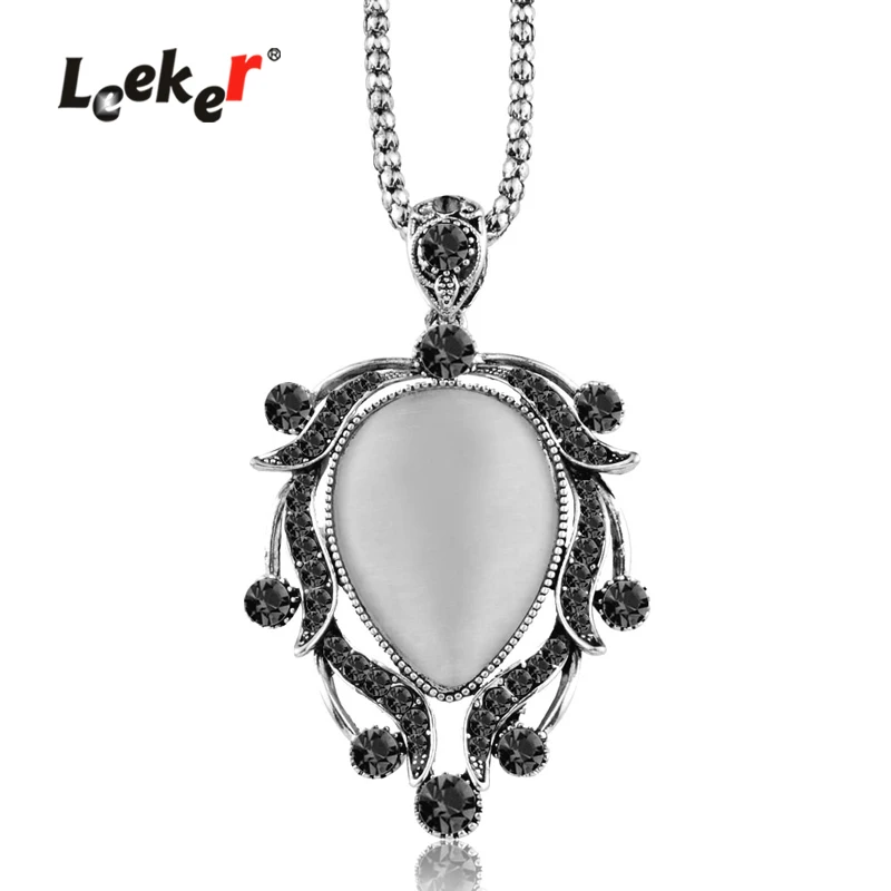 

LEEKER Court Style Big Opal Pendant Long Necklace With Gray Cubic Zirconia Chain Women Vintage Jewelry 92029 LK9