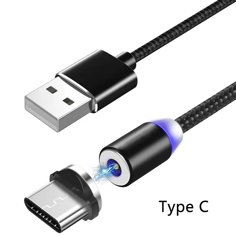 KISSCASE 1 м 2 м светодиодный магнитный кабель для iPhone X, кабель usb type-C для samsung, huawei, Xiaomi, Micro usb кабель для зарядки - Цвет: Black Type c