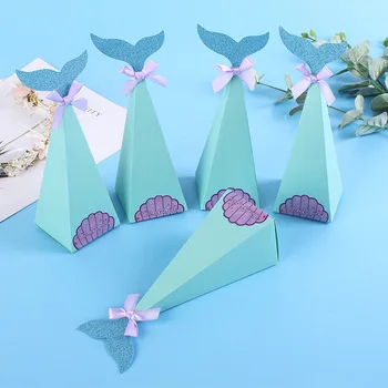 

40Pcs Blue Fish Tail Mermaid Gift Boxes Ribbon Sweet Paper Candy Box Birthday Party Decorations Kids Favor Boxes For Wedding