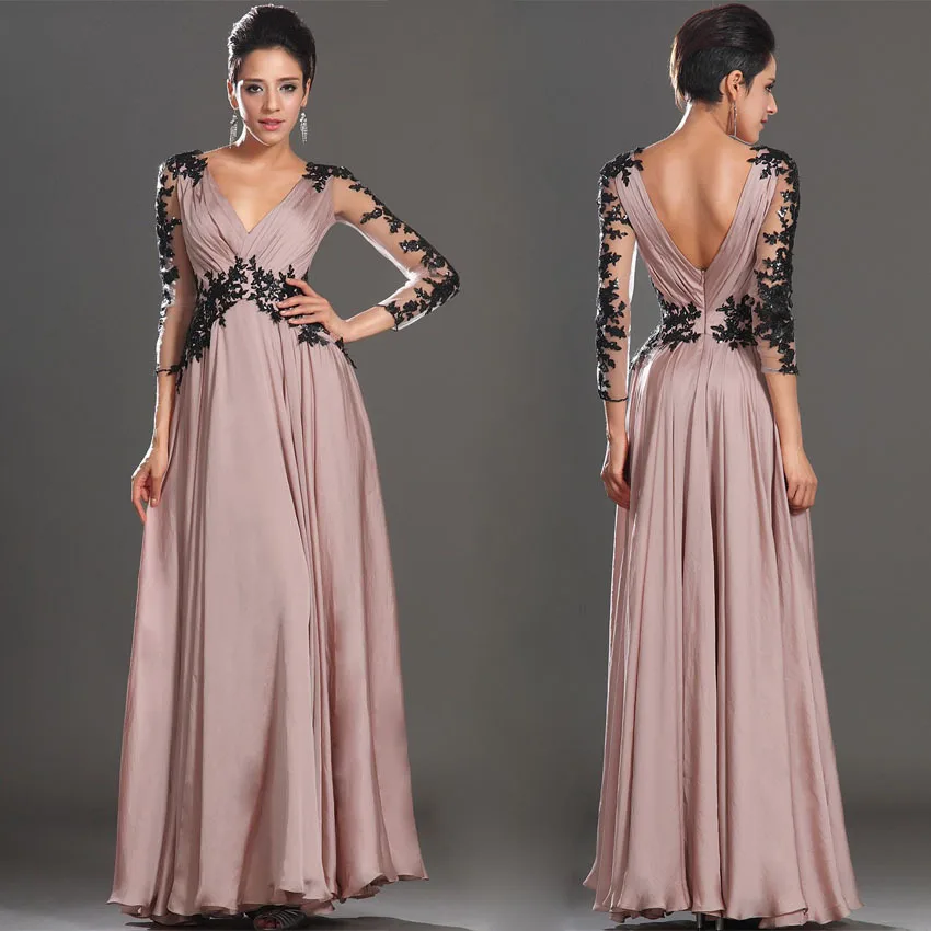 Sexy Long Black Lace Full Sleeve Prom Dresses Party Evening Gown V Neck ...