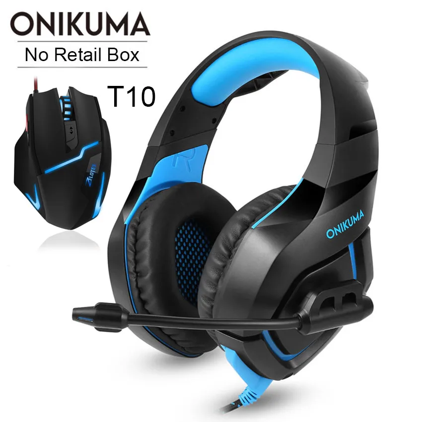 ONIKUMA PS4 гарнитура Casque PC Gamer бас Игровые наушники с микрофоном+ профессиональная проводная USB игровая мышь - Цвет: Blue Headset-T10