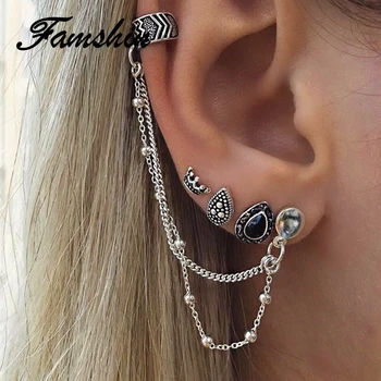 

FAMSHIN 4 Pcs/set New Arrival Bohemian retro style crown water droplets chain 4pcs one sets fashion earrings for women Gifts